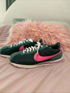 Nike Women’s Cortez Green Sneakers with Pink Swoosh